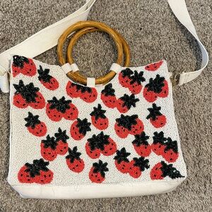 Strawberry Embellished White Tote Bag